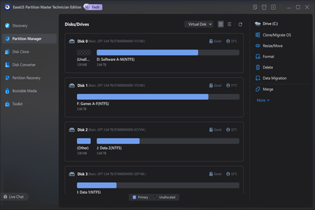 EaseUS Partition Master 18 Menu