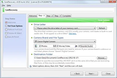 Card Recovery Menu Card Recovery Menu
